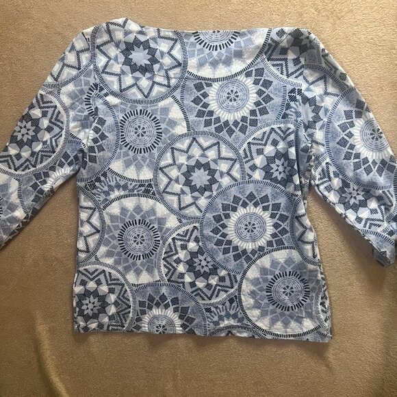 Ruby Rd Women Medium Blue Gray White Geometric Abstract‎ 3/4 Sleeve BOHO Blouse - Picture 6 of 6